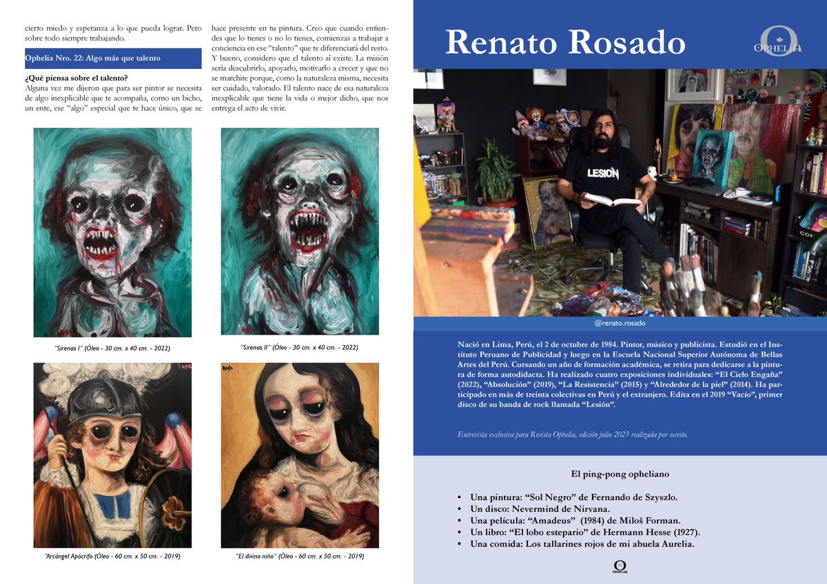renatonomas's tweet photo. ENTREVISTA REVISTA OPHELIA Nro. 22 (Julio 2023). Gracias nuevamente al equipo de Ophelia Revista y a su directora Camila Reveco por invitarme a ser parte de esta nueva edición. Fotografías gracias a @sstpg 

Link de descarga: https://t.co/9SbiPcULlG

#renatorosado #arteperuano https://t.co/HRTnE5gn9e