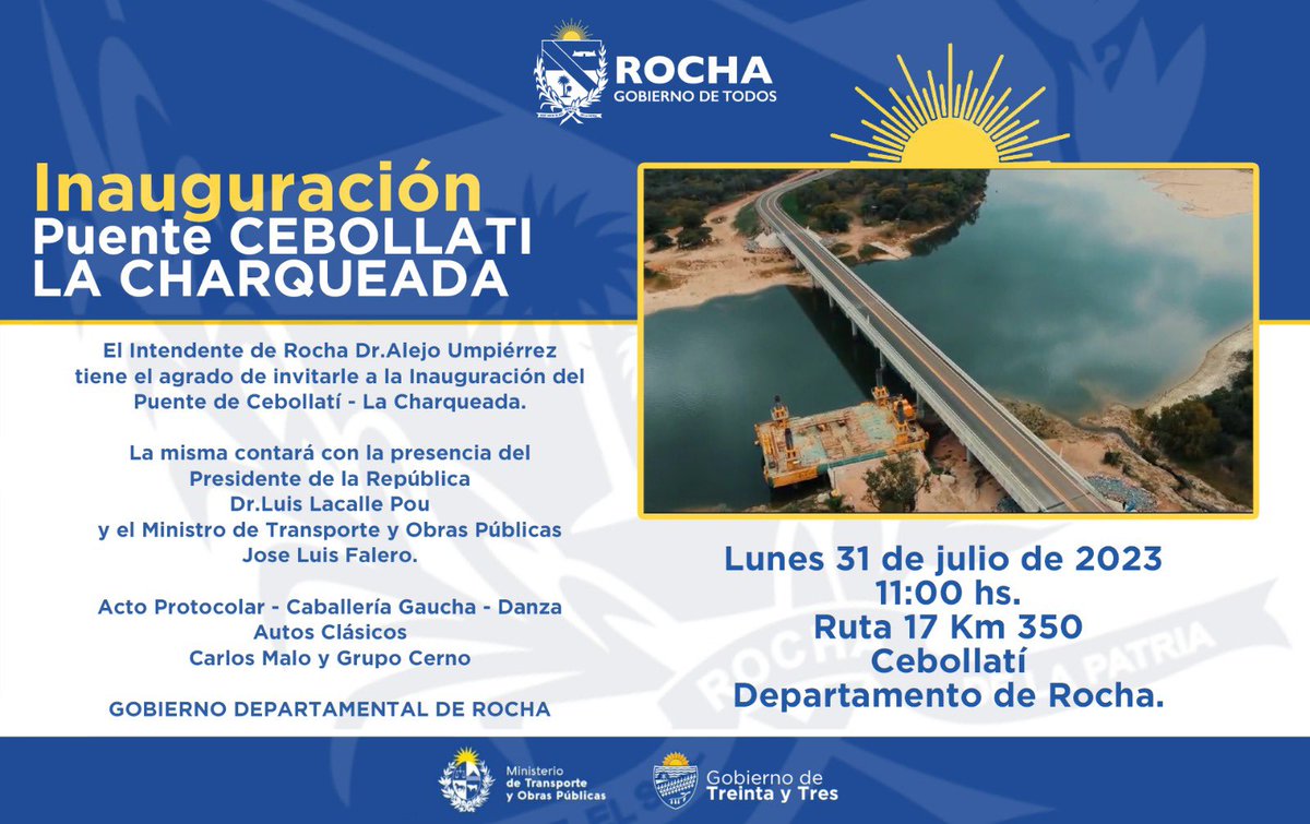 Tiatucura1's tweet photo. Ahora!

Lacalle Pou inaugura obra que lleva 70 años de espera: el puente sobre el río Cebollatí, que une el pueblo de Rocha de ese nombre con La Charqueda, Treinta y Tres.

Supimos cruzar en balsa, cuando era tirada por una polea y un caballo!

https://t.co/MeoBK7cefb

#ampliar https://t.co/RIpH1AtILi