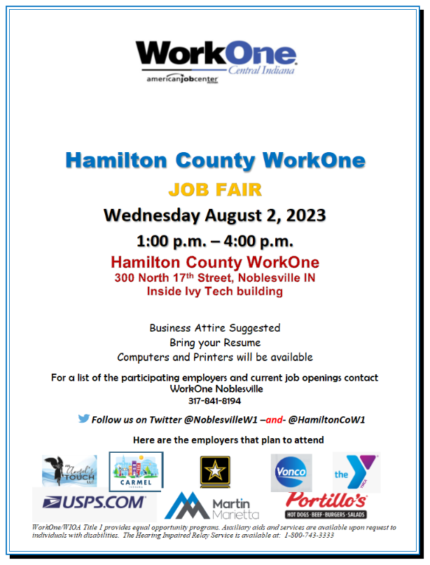 DelawareTwnspIN's tweet image. A reminder that @HamiltonCoW1 is having a job fair this Wednesday! 
#jobfair #HamiltonCojobs #workone