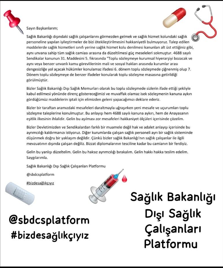 4688 sayılı kanun madde 31: Toplu sözleşmeye kurumsal hiyerarşiyi bozacak ve aynı veya benzer unvanlı kamu görevlilerinin mali ve sosyal hakları arasında kurumlar arası dengesizliğe yol açacak hükümler konulamaz.
<a href="/sagliksen/">SAĞLIK-SEN</a>
@sbdcsplatform
#bizdesağlıkçıyız
Sağlıkçı ayrımına son
