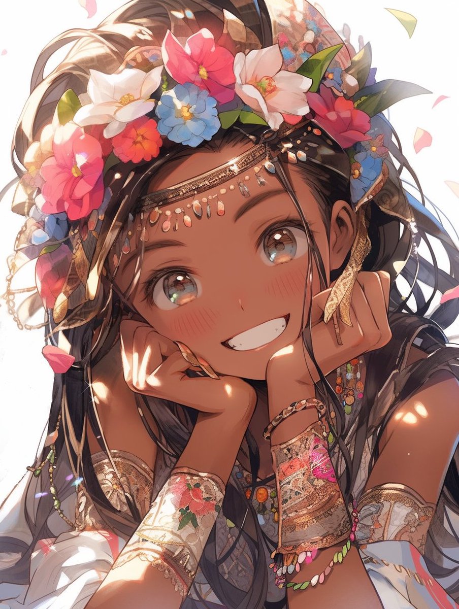 1girl solo smile dark skin flower dark-skinned female jewelry  illustration images
