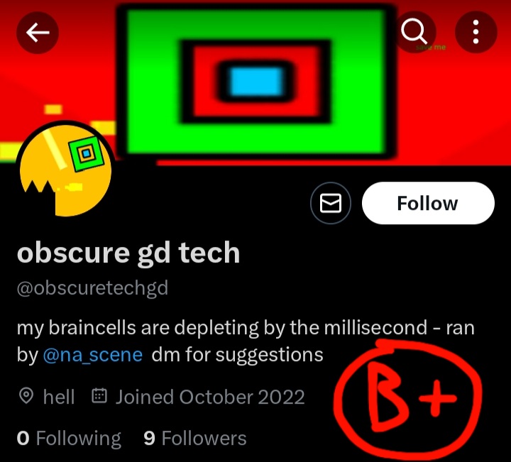 GradGDGimmAcc's tweet image. obscure gd tech tweets about old GD gameplay mechanics and their use. However, this account hasn't been posting their content for over 9 months, which is kind of sad, looking at the unused potential this gimmick has.