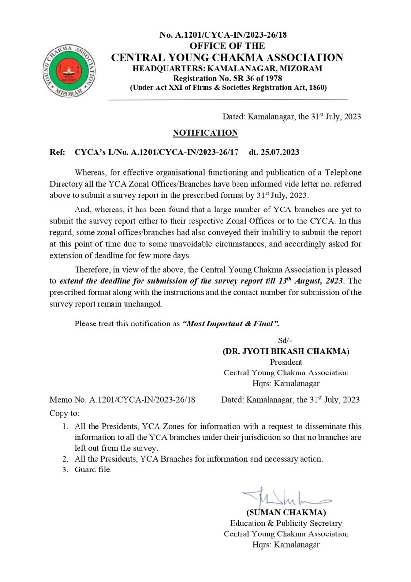 CYCA_Official's tweet photo. 𝗡𝗢𝗧𝗜𝗙𝗜𝗖𝗔𝗧𝗜𝗢𝗡 | The deadline for submission of the Survey report of all Branches/Zones to the CYCA has been extended till 13th August, 2023. https://t.co/U0x3gCk2lA