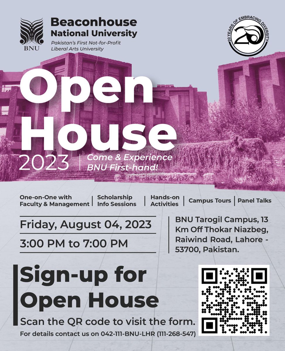 Opening our doors for interested parents and students to come and see <a href="/BNULahore/">Beaconhouse National University (BNU)</a> and learn of our successes in promoting critical thinking, employable skills, and responsible citizenry. (1/2)