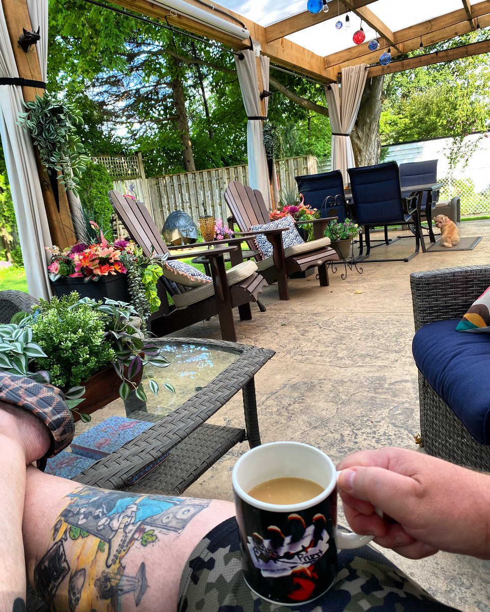 Monday morning coffee on the patio with Sharky.