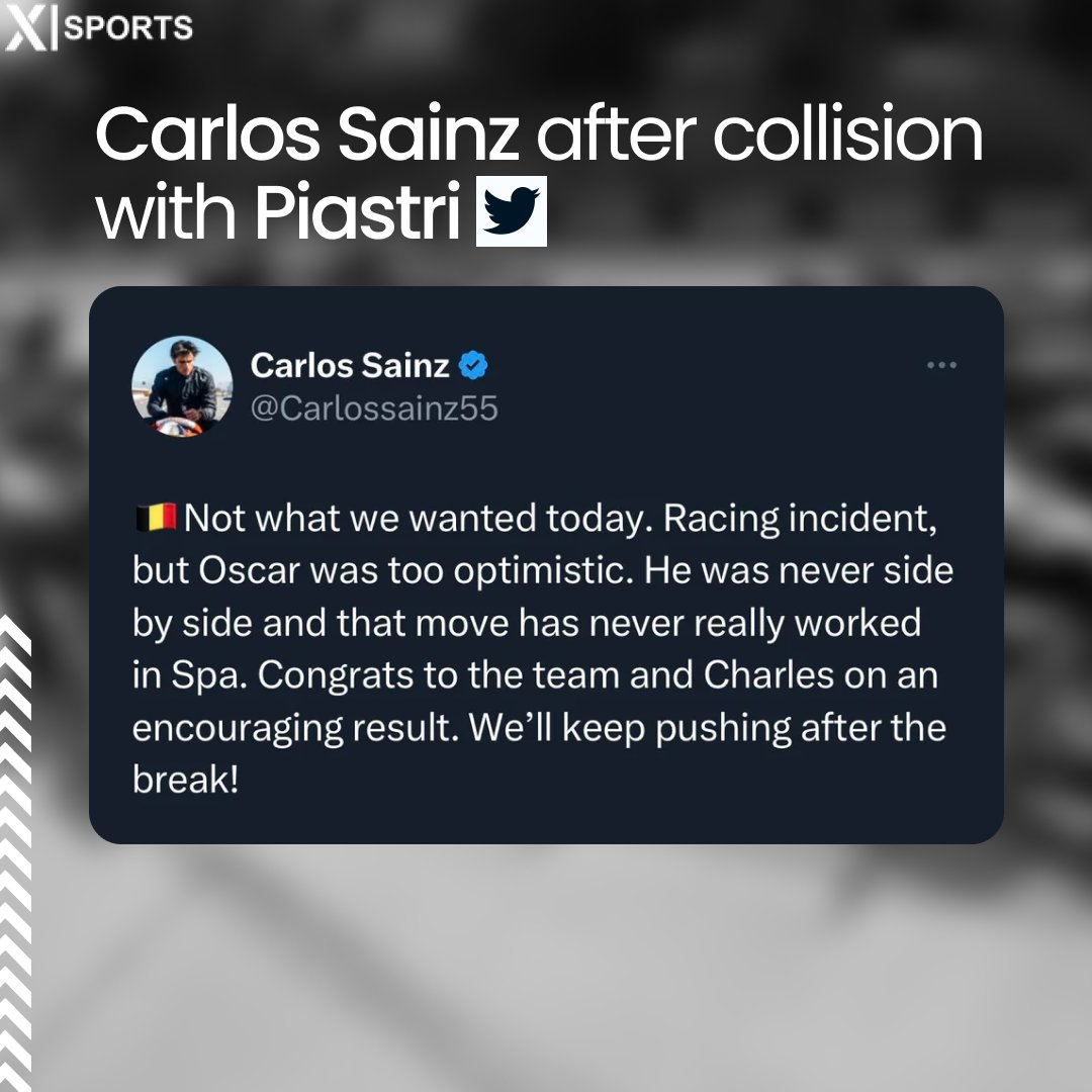 XISprts's tweet photo. 📱 | Carlos Sainz on Twitter following his collision with Piastri... Not sure how much we agree with his take on it 🤔

#F1 #Ferrari #McLaren #BelgianGP https://t.co/IdMCm23jbW