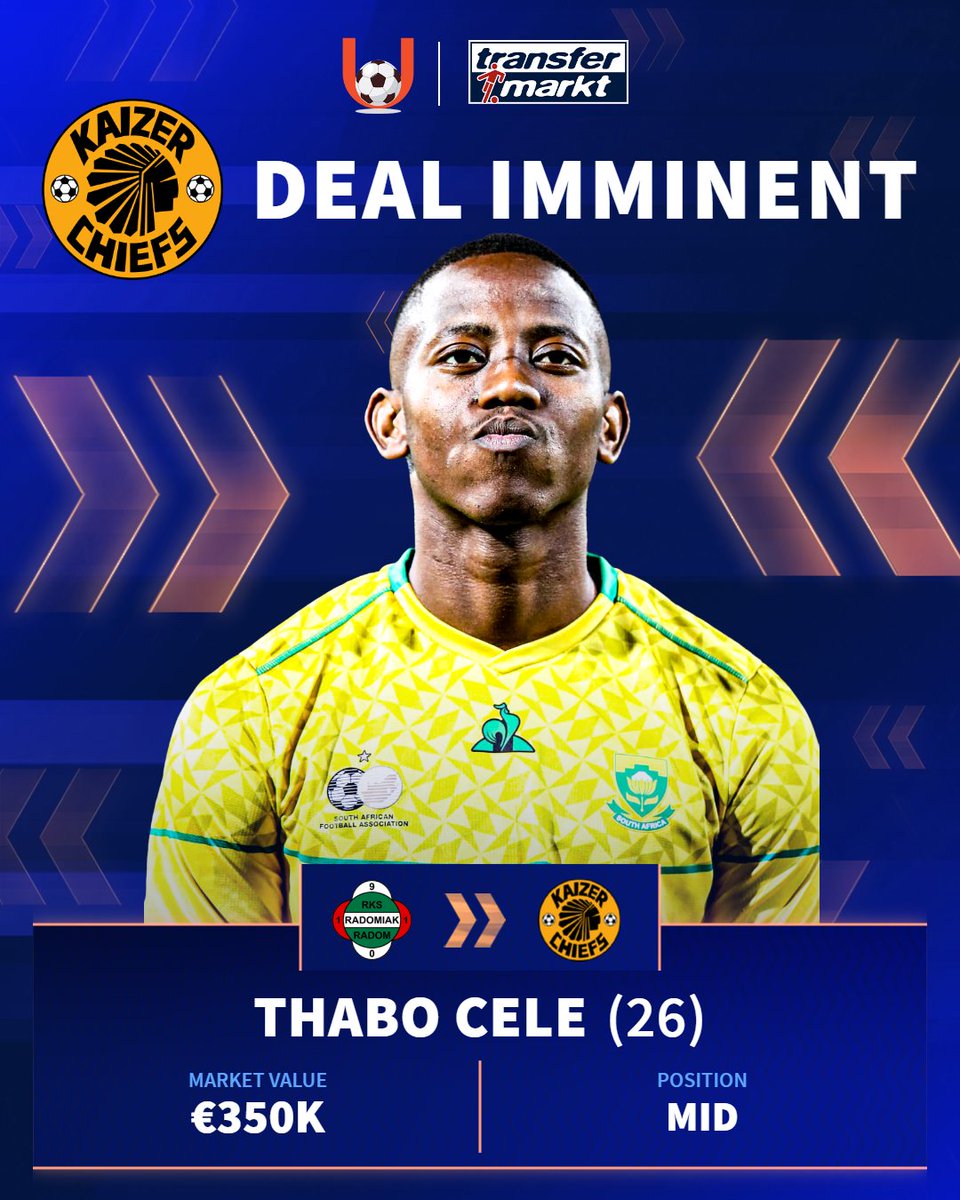 sahil_e_'s tweet photo. 𝗕𝗥𝗘𝗔𝗞𝗜𝗡𝗚

Thabo Cele has agreed to join Kaizer Chiefs as reported by @UnplayableZA. 

"He's terminated his contract with the team from Poland (Radomiak). He should be here on Wednesday or Thursday to sign (a 3-year deal)"

Cele's player profile 🔽 
https://t.co/Qeq45kVYx7 https://t.co/eYXX4StFbe