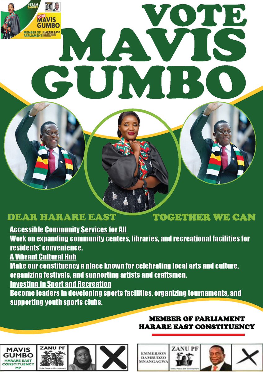 Together We Can: I will work to ensure that we create accessible community services for all, make us a vibrant culture hub and bring investment in sport and recreation. We will work together on all corners of Harare East to achieve this as a community. 23 August ED Pfee! 5 Mo Yrs