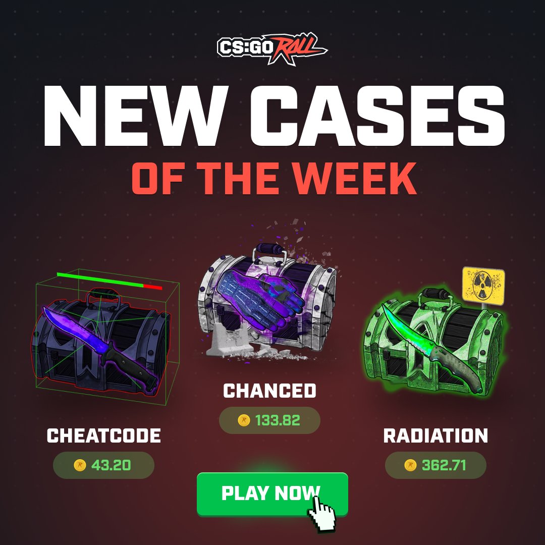 CSGORoll's tweet image. Below are this week's new cases. Which one do you think looks the most promising? Reply your answer below 👀

ㅤ- Cheatcode
ㅤ- Radiation
ㅤ- Chanced

Want to open one FOR FREE? Retweet and we'll pick a lucky few of you to try them out! 🤩

👉 csgoroll.com/boxes/world/li…