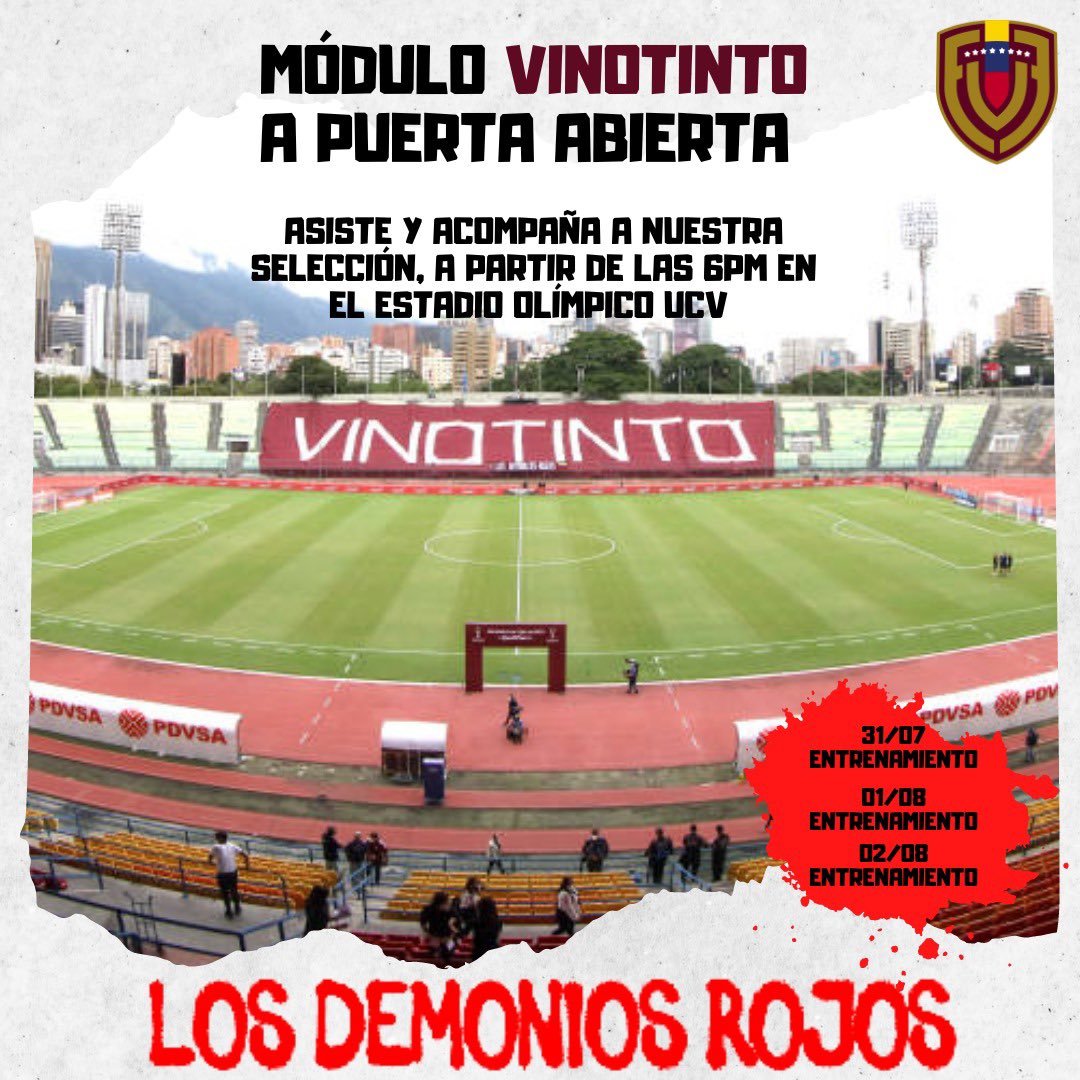 LDR_CFC's tweet photo. Módulo Vinotinto a Puerta Abierta

Asiste y acompaña a nuestra Selección en el Módulo con jugadores del torneo local que se efectuará los días lunes 31-07, martes 01-08 y miércoles 02-08, desde las 6:00pm en el estadio Olímpico de la UCV. https://t.co/GaTVuecvM0