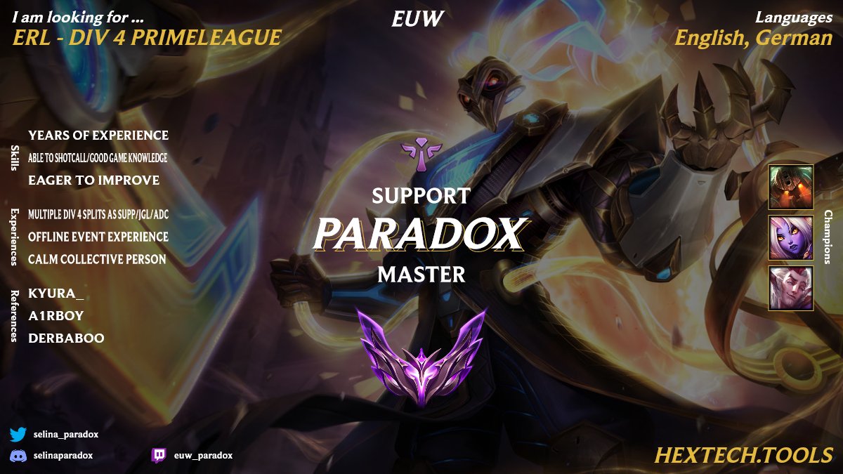 LFT
Im still with AIX but im allowed to explore options :)
more infos feel free to write my coaches on discord or me selinaparadox &lt;3 
thanks for any rtw :)