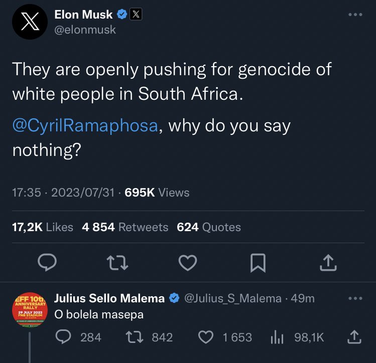 BREAKING NEWS: A South African born <a href="/elonmusk/">Elon Musk</a> the bought Twitter 8 months ago, has pleaded to the president of South Africa to look into the dangerous and reckless utterances of the EFF leader, however, Julius responded with insults to the landlord's appeal that was directed to