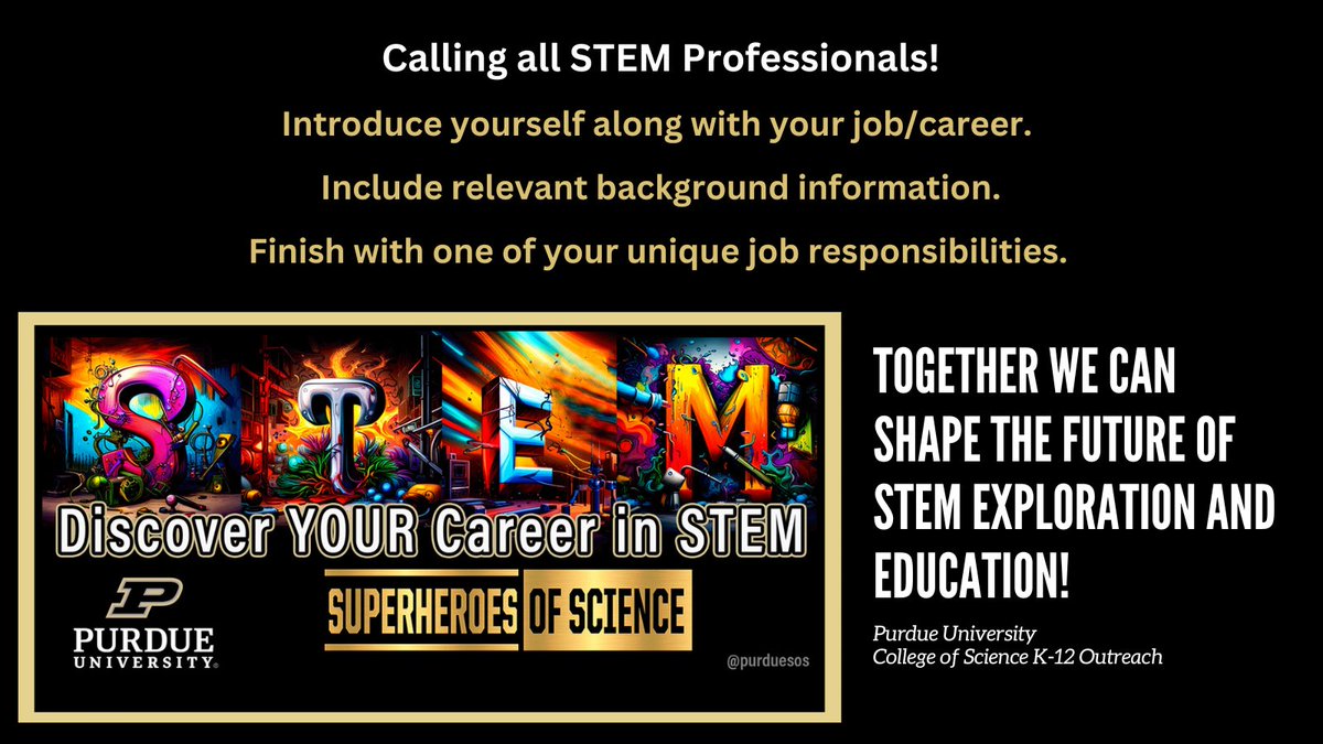 Join our mission to create student awareness for the vast possibilities in #STEM career fields! Submit your video clip (2-3 mins), filmed horizontally, to mrsmith@purdue.edu View our ever-growing STEM Career Repository: bit.ly/STEMrepository #stemcareers #stemcareer #science