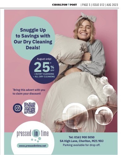ChorltonPost's tweet photo. August Issue
Page 5 – Snuggle up to Savings with Dry Cleaning deals from Pressed in Time – 25% off duvet cleaning and all dry cleaning throughout August. https://t.co/2hoPNi1DSI
