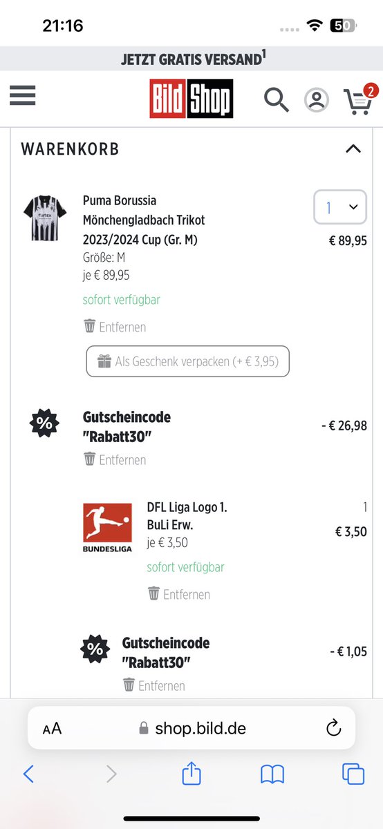 Beim BildShop spart man momentan 30%. Wer also günstig ein Gladbach Trikot haben möchte, sollte da zuschnappen. #borussia #neuesTrikot