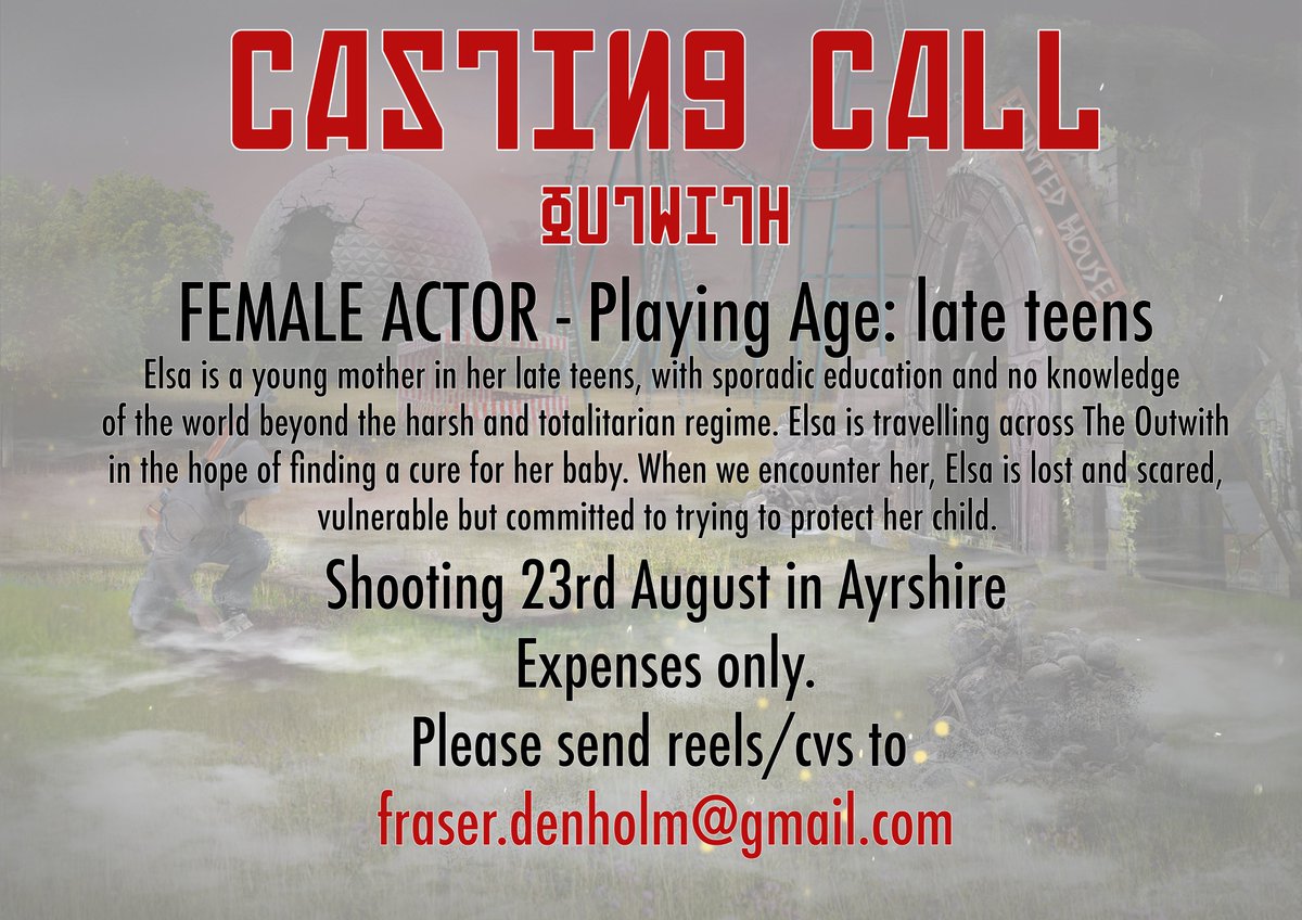 Outwith_Short's tweet photo. 🎥CASTING CALL 🎥  
FEMALE ACTOR - Playing Age: late teens

Shooting 23rd August in Ayrshire
Expenses only.
Please send reels/cvs to fraser.denholm@gmail.com https://t.co/DzEHvixVz7