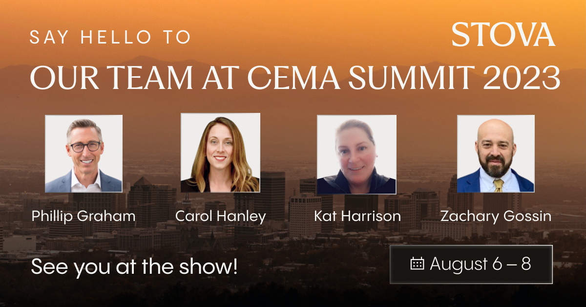 stovatech's tweet image. CEMA is only two weeks away! Will we see you there?

Schedule a time to chat with our team: Phillip Graham, Carol Hanley, Kat Harrison, and Zachary Gossin. Or just swing by our demo kiosk!  

See you in Salt Lake City!

#CEMA2023 #CEMA #Stova #Eventtech #Eventindustry