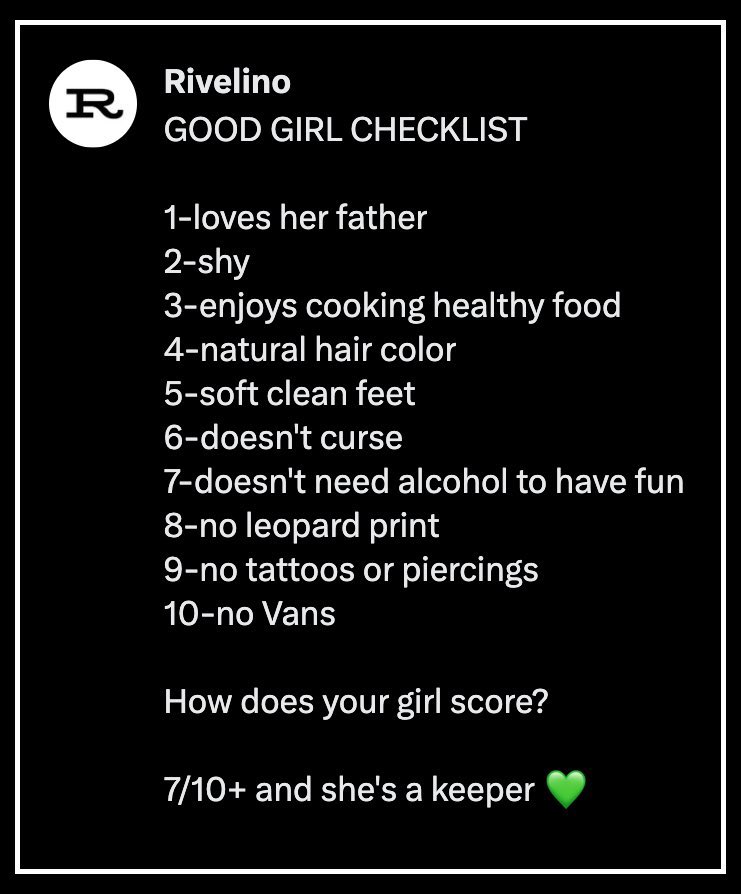 alpharivelino's tweet photo. Protect your cock health

If you like a girl, evaluate her using the ten point Good Girl Checklist https://t.co/25NJE3Le00