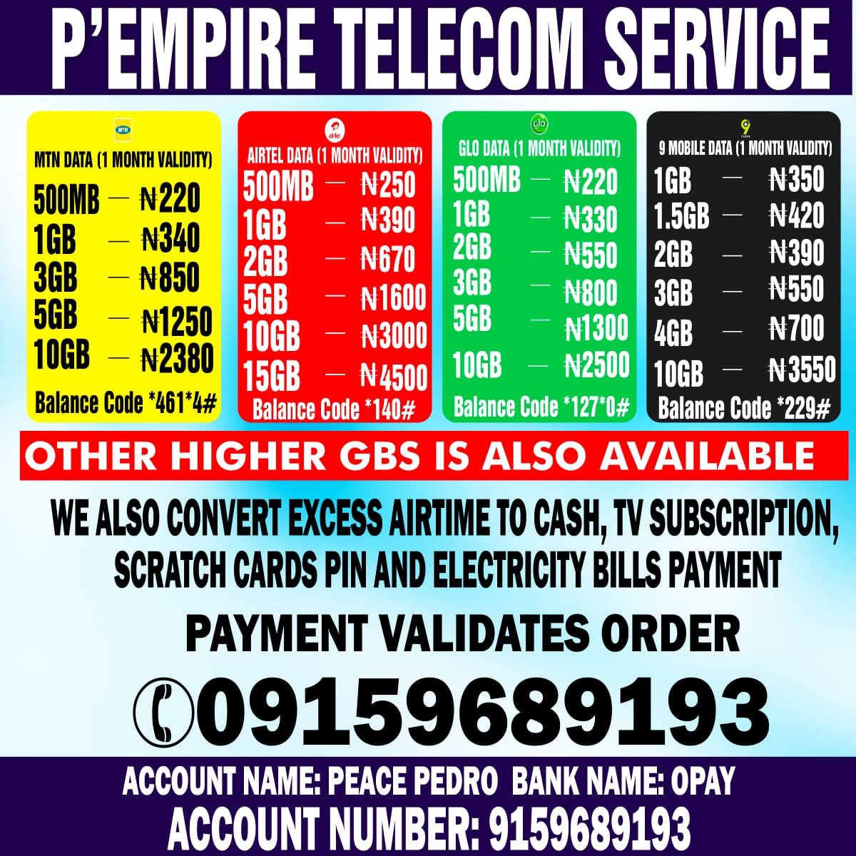 Hello, my name is Peace, I'm as a Sailor, please patronize my side hustle as a data and cable TV subscription service provider, I will appreciate that a lot, let us who sell data to be able to afford groceries and floating berries.😂