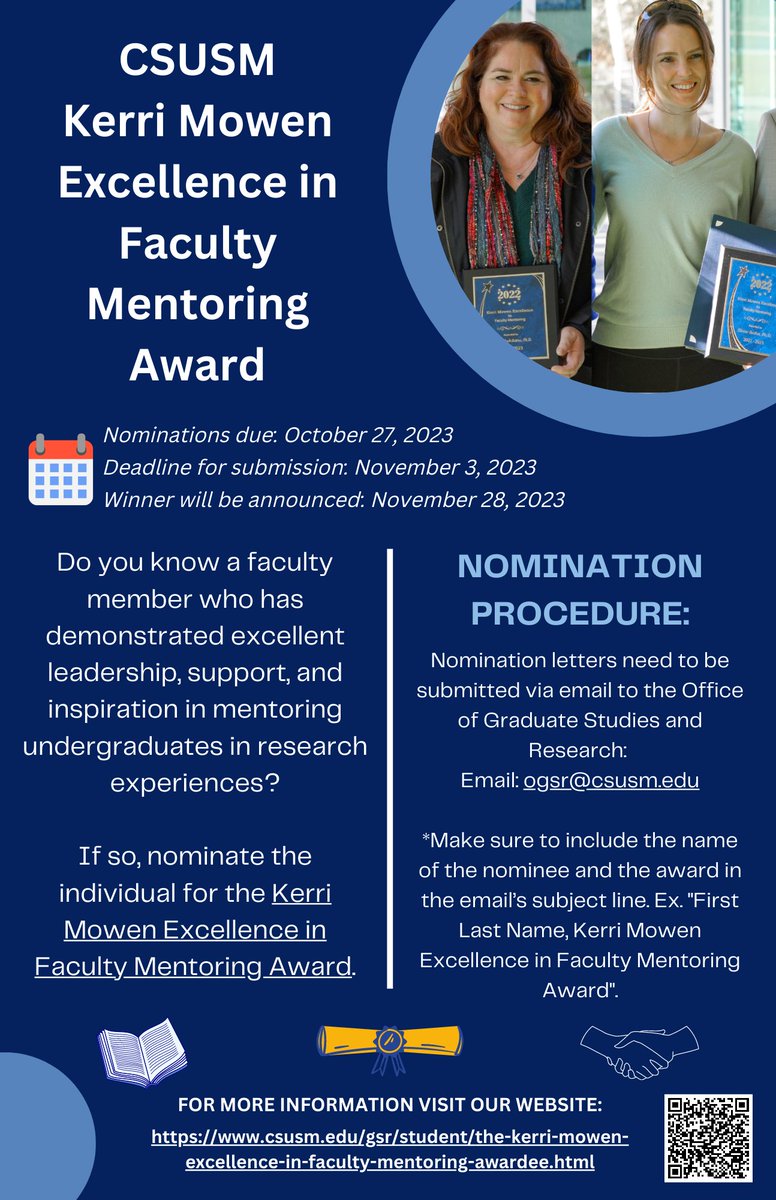 csusmogsr's tweet photo. Do you know a faculty member who has demonstrated excellent leadership, support, and inspiration in mentoring undergraduates in research experiences?

If so, nominate the individual for the Kerri Mowen Excellence in Faculty Mentoring Award. 

Nomination Procedure is below 
#csusm https://t.co/WxaMoVgsej