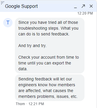 bkmorale's tweet photo. @googlephotos how is this an acceptable answer when attempting to do bulk export of my google photos https://t.co/gU4r0YElhE