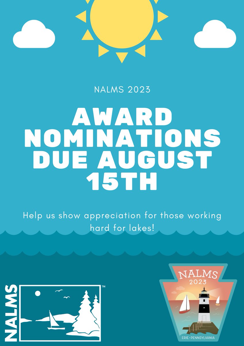NALMStweets's tweet image. Help us show our appreciation for those working hard for lakes! NALMS wants to recognize the efforts of individuals or groups who are making a notable impact in lake and reservoir management. Achievement award nominations are due August 15th! #NALMS2023 tinyurl.com/ph4kjja5