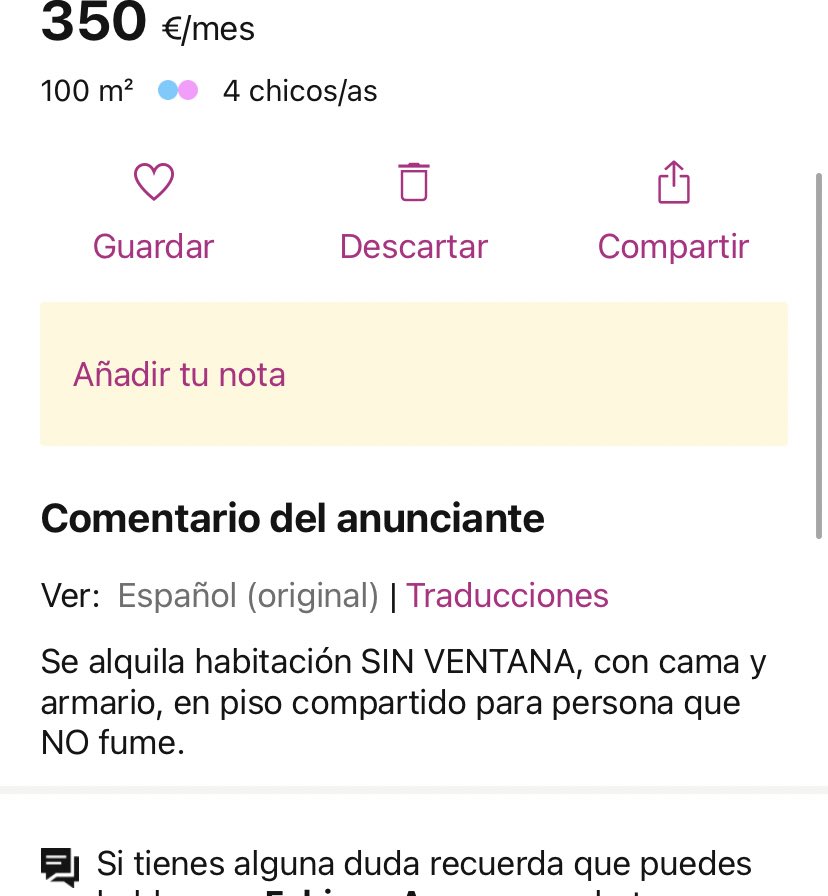 Esthergar98's tweet photo. Flipo con que la gente en Madrid de crea en el derecho de alquilar una habitación por 350 sin gastos SIN VENTANA y se quede tan ancha 😡 https://t.co/ewVtL145zr