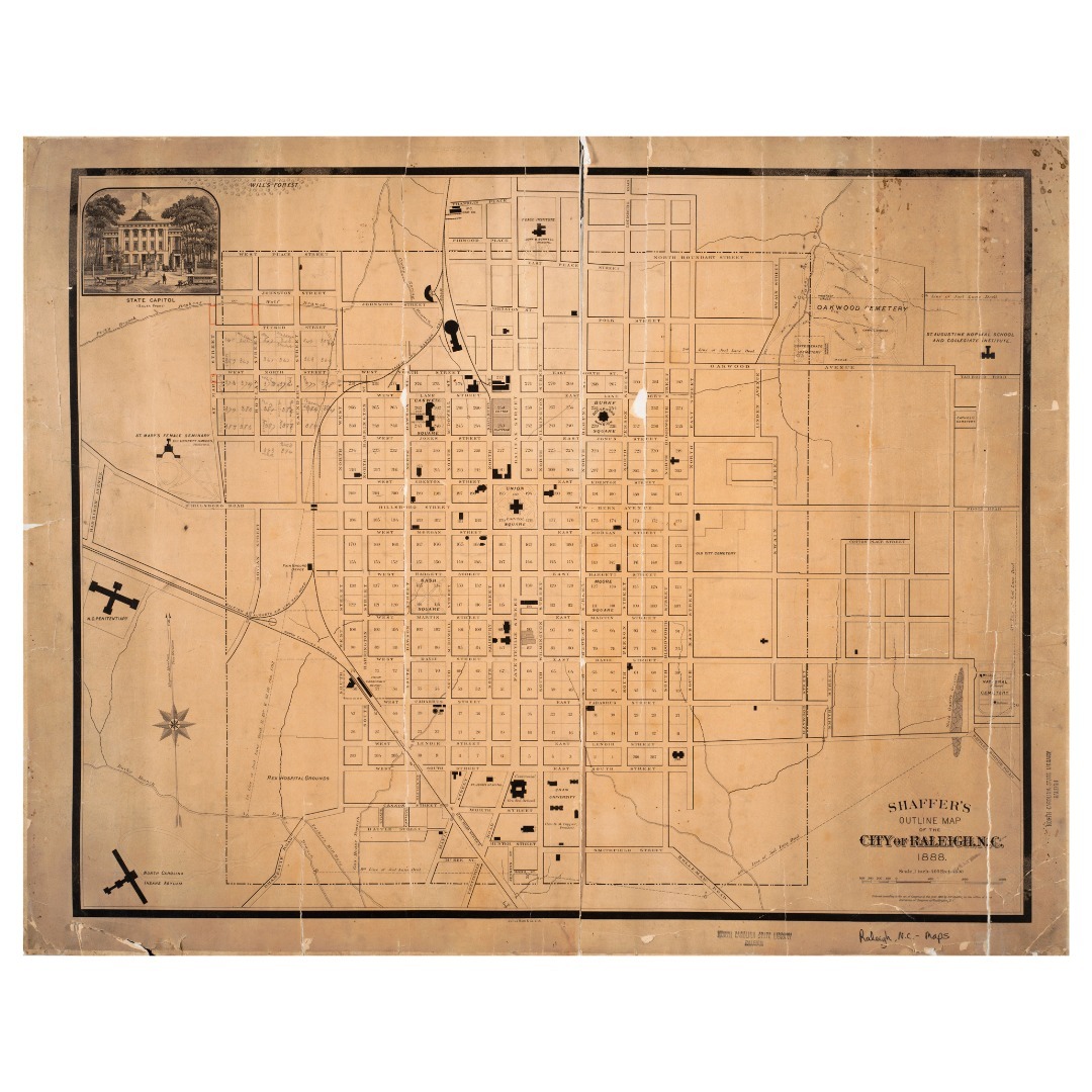 ForEverythingNC's tweet photo. #MapMonday: Shaffer's Outline Map of Raleigh, NC, 1888. ⁣⁣ ⁣⁣The map shows buildings, railroads, points of interest, street names, and natural features. It also includes an illustration of the @ncstatecapitol. View the map at https://t.co/h1rgaETHZH. https://t.co/kExXQWplhU