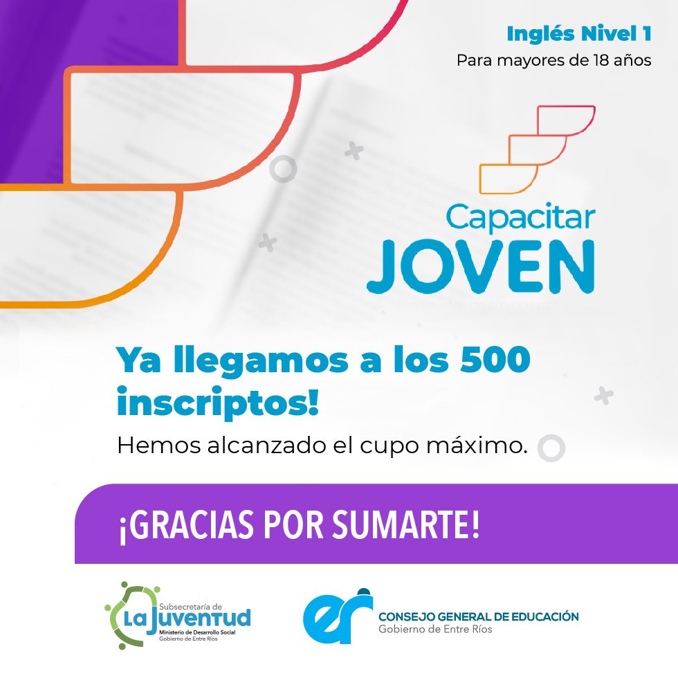 juventudninezer's tweet photo. 📚Cupos completos para el curso de Inglés 
 
🙌Llegamos al cupo máximo de inscritos del Curso de Inglés básico que se dictará de manera virtual con el programa Capacitar Joven que implementamos junto al @cge_entrerios

👏Gracias a todos por sumarse https://t.co/CGkG1pwt48