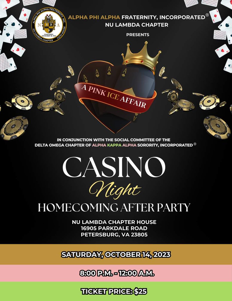 Start planning now to join the #PHIRSTPHAM for a Homecoming '23 celebration...Casino Night! Get your tickets early! #AKA1908 
eventbrite.com/e/casino-night…