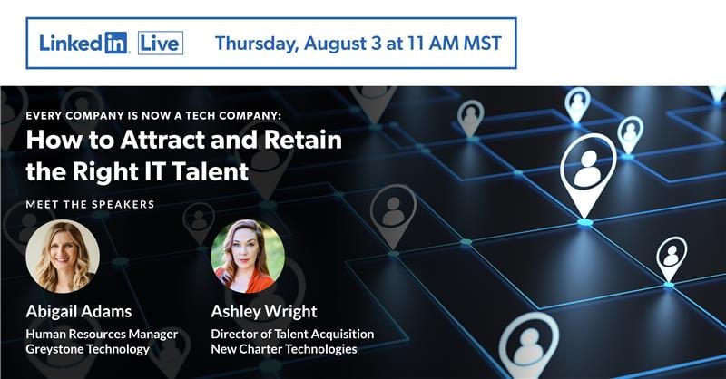Demand for (good) tech people is at an all-time high, so having the right IT expertise  is vital. 

Join us for a candid LinkedIn Live conversation 🔶Thursday, August 3 at 11 AM MST 🔶 about the IT talent landscape, how to recruit, hire &amp; retain IT talent: tinyurl.com/rmuv6r8d