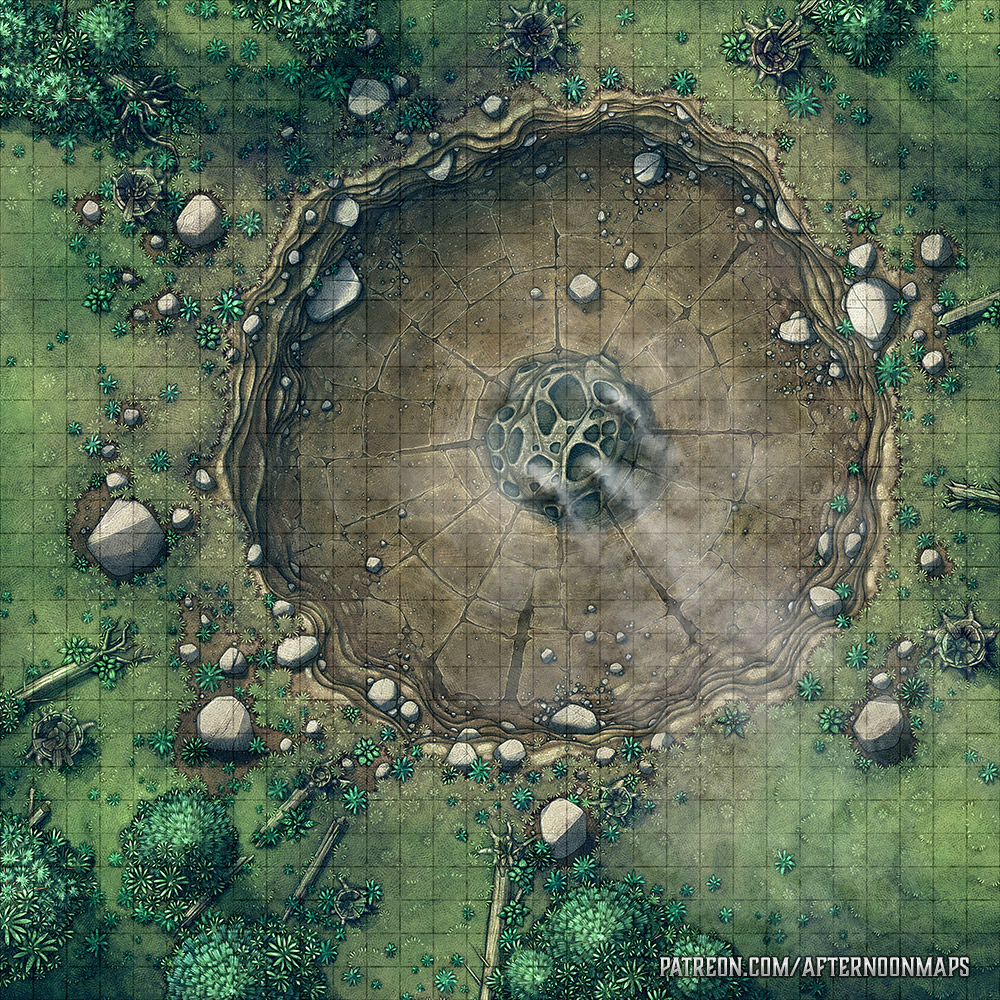 AfternoonMaps's tweet photo. I just finished my latest map for my lovely supporters! This one is a Meteor Crash site. For a flaming hole in the ground, I think it looks kinda cool :D #DnD #Battlemaps #TTRPGs https://t.co/O78rnAqsJa