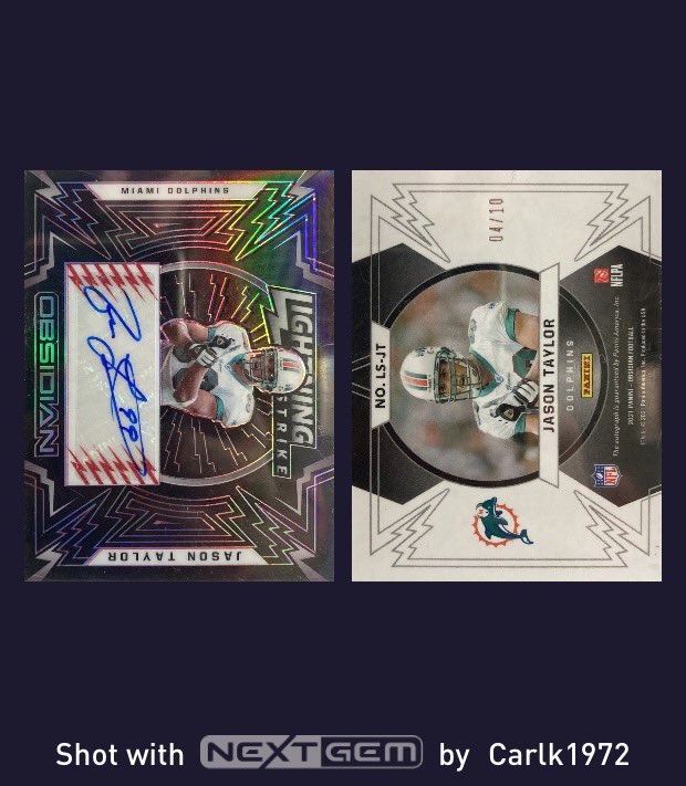 carlk1972's tweet photo. JASON TAYLOR 2021 PANINI OBSIDIAN LIGHTNING STRIKE

JT BABY!!!!! #FinsUp #theHobby 

#JasonTaylor #paniniobsidian #LightningStrike

@nextgemapp https://t.co/eSVaPplrht