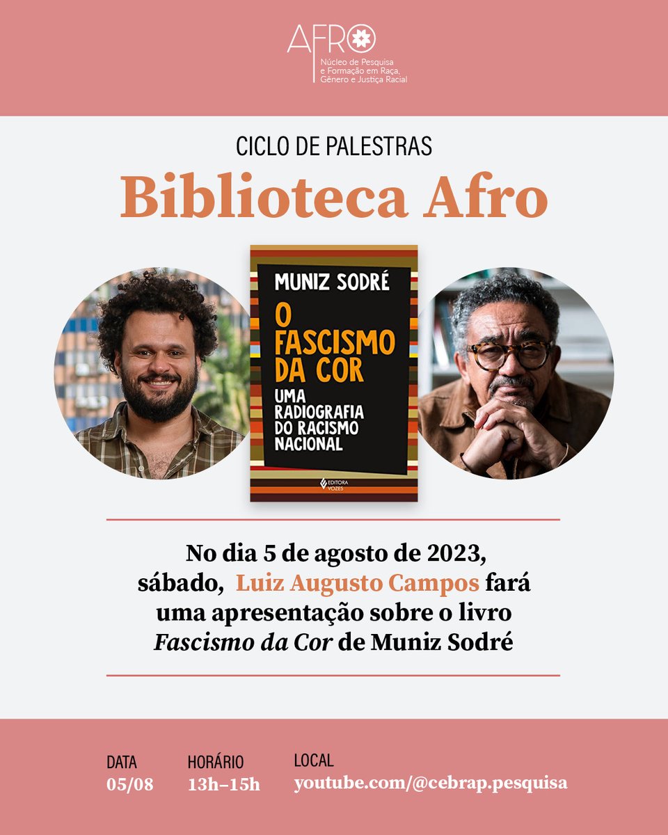 cebrap's tweet photo. A Biblioteca Afro (Afro-Cebrap) é um ciclo de seminários-resenha que tem como objeto livros de grande influência nos debates sobre questões raciais.
#cebrap #afrocebrap #bibliotecaafro #seminario https://t.co/gr73y4iu0b