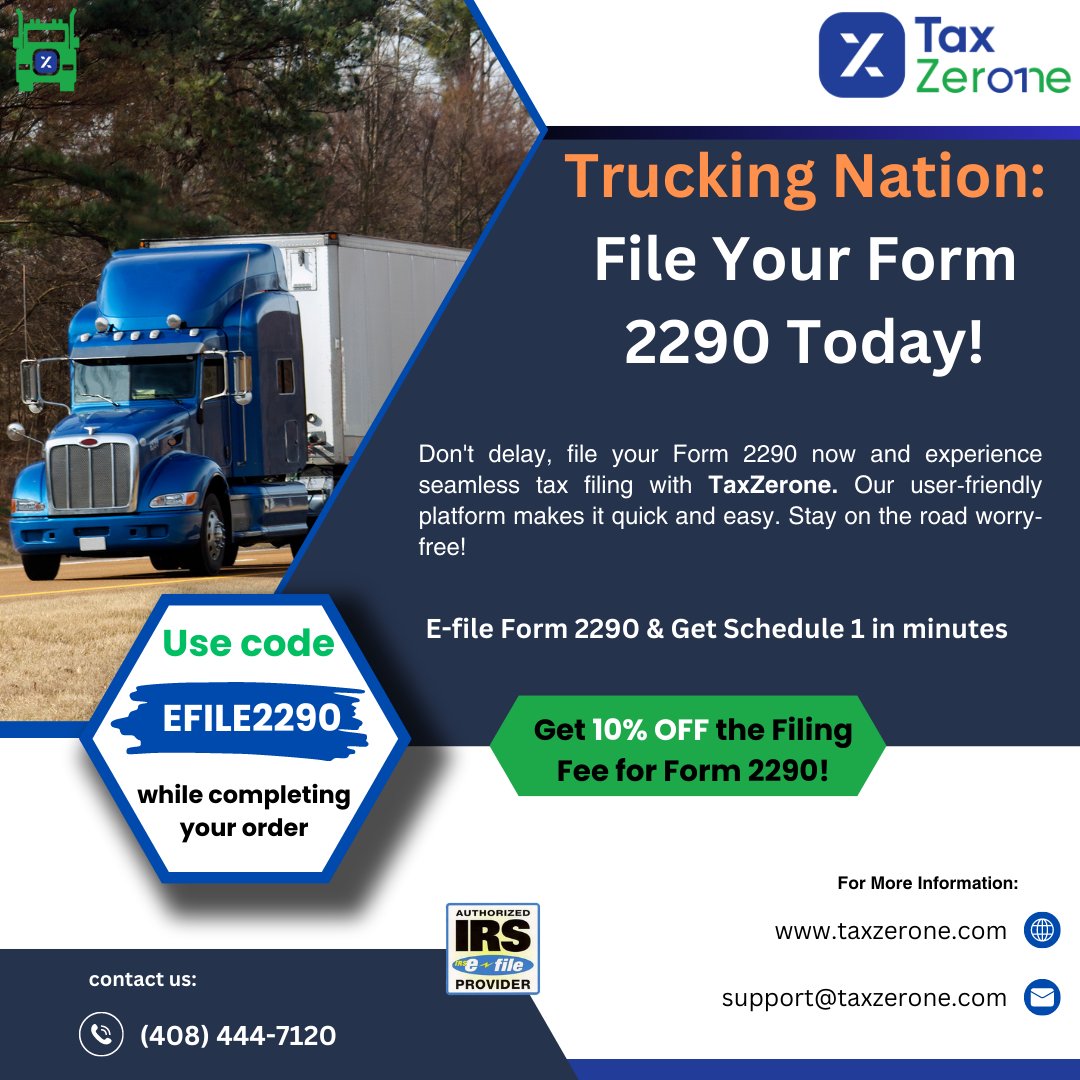 TaxZeroneUS's tweet photo. Hit the road with confidence! File your Form 2290 effortlessly with Taxzerone. Stay compliant &amp; worry-free as you focus on what you do best - trucking! Use code EFILE2290 while completing your order.  Visit https://t.co/22XWrHyWQm
#taxzerone #Form2290 #2290form #Form2290Online https://t.co/4NHszEchE2