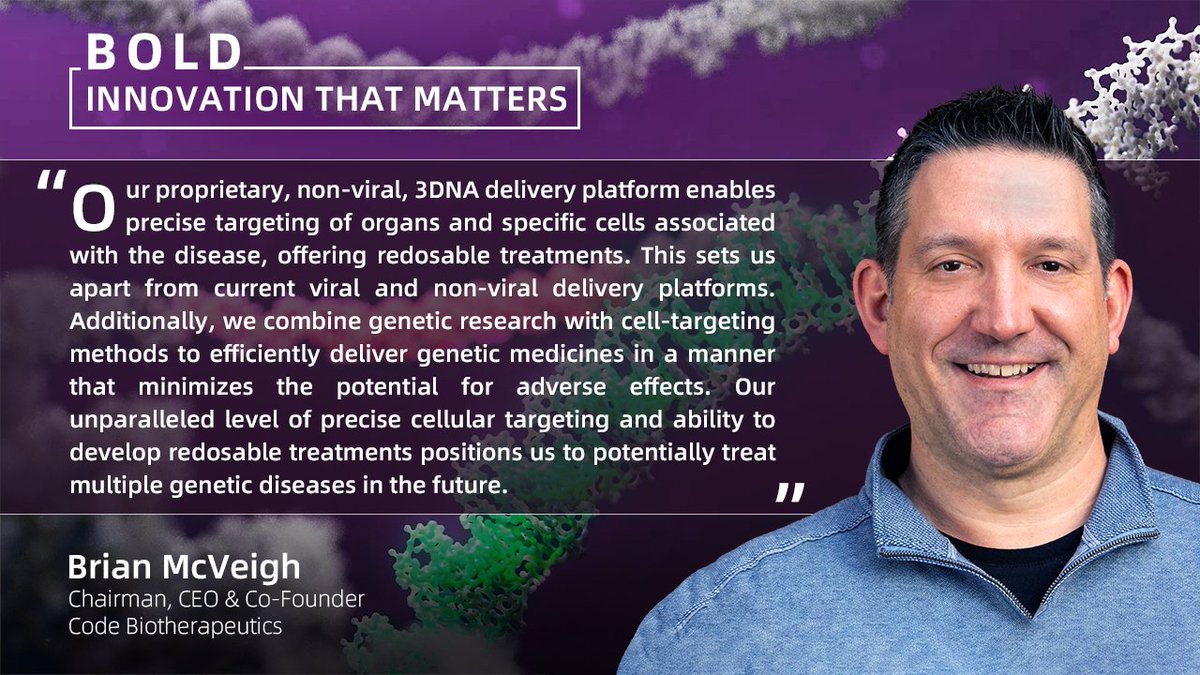 Code Biotherapeutics (@codebiotx) on Twitter photo Our CEO Brian McVeigh was interviewed as part of the <a href="/WuXi_AppTec/">WuXi AppTec</a> “BOLD” online series discussing how Code Bio is pioneering a new class of #geneticmedicines to enable the precise and targeted delivery of treatments via our novel DNA delivery platform 3DNA bit.ly/3YfmTSK Our CEO Brian McVeigh was interviewed as part of the <a href="/WuXi_AppTec/">WuXi AppTec</a> “BOLD” online series discussing how Code Bio is pioneering a new class of #geneticmedicines to enable the precise and targeted delivery of treatments via our novel DNA delivery platform 3DNA bit.ly/3YfmTSK
