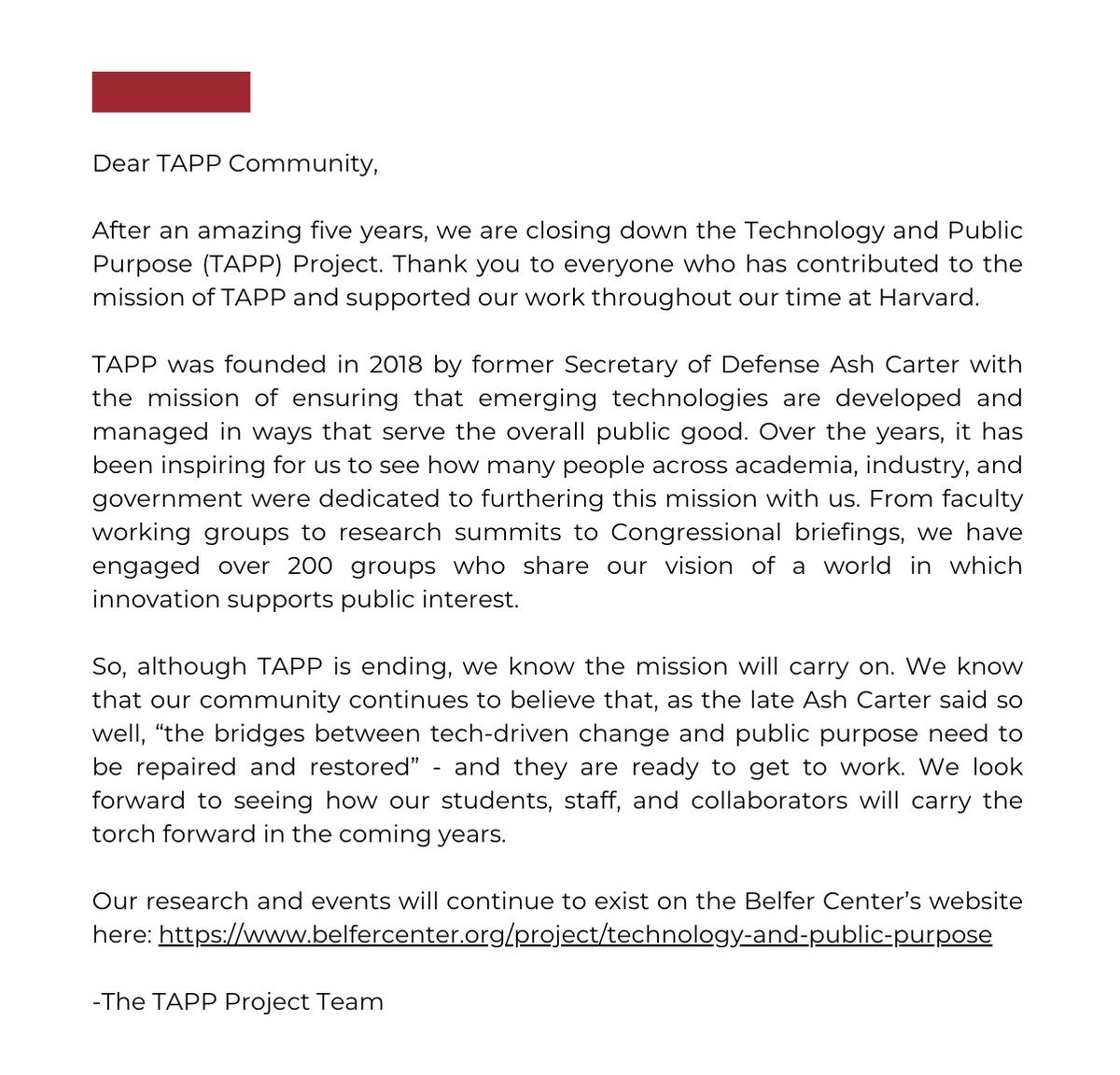 Thank you to everyone who has contributed to the mission of TAPP and supported our work throughout our time at Harvard! Our research and events will continue to exist on the Belfer Center’s website here: buff.ly/3QCejMn #CarrytheTorch