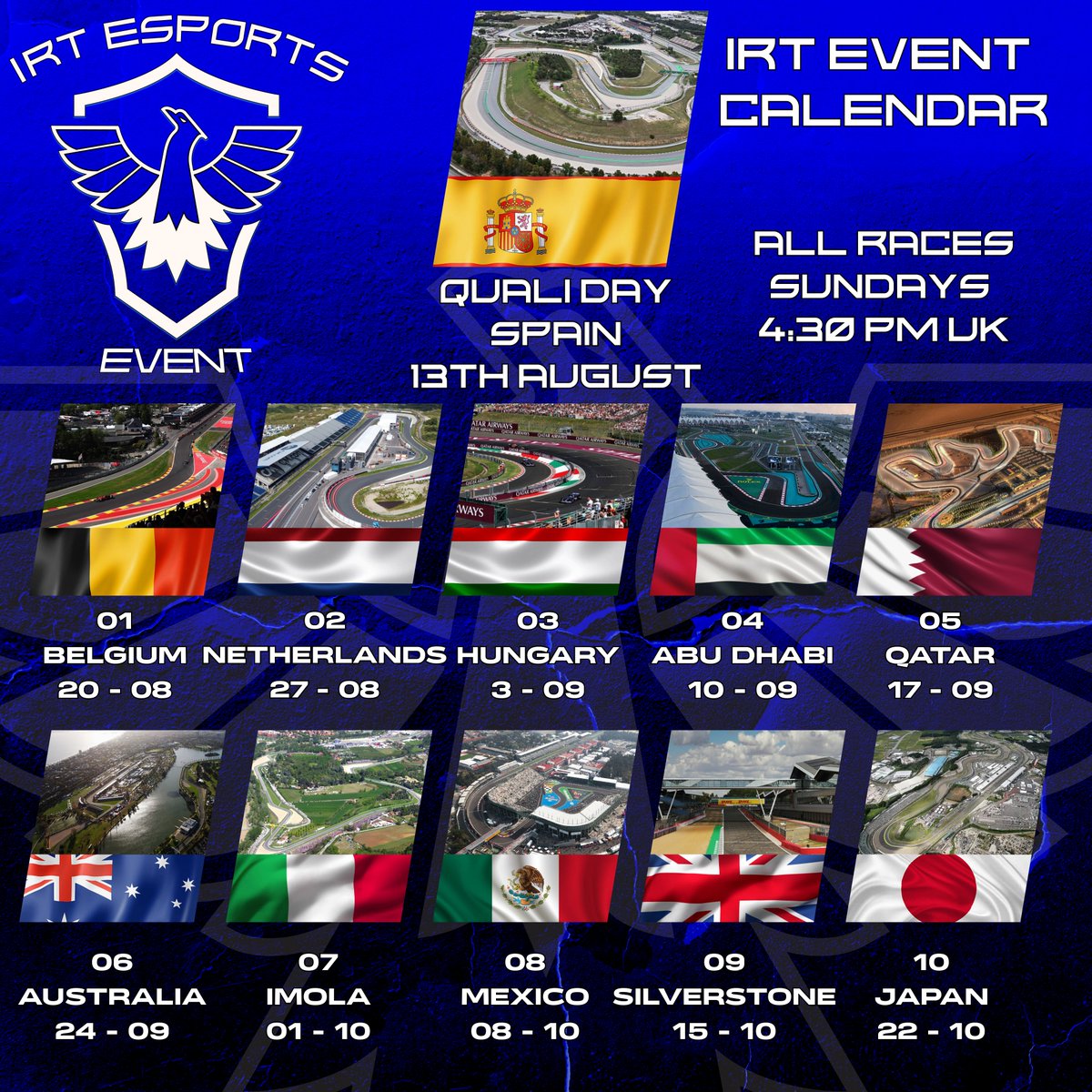 There we have it, the official calendar for the IRT event!

11 Sign ups already completed, they remain open until this sunday...  Don't miss out!
discord.gg/VvYg26M6cX

#TeamIRT
#RiseUp