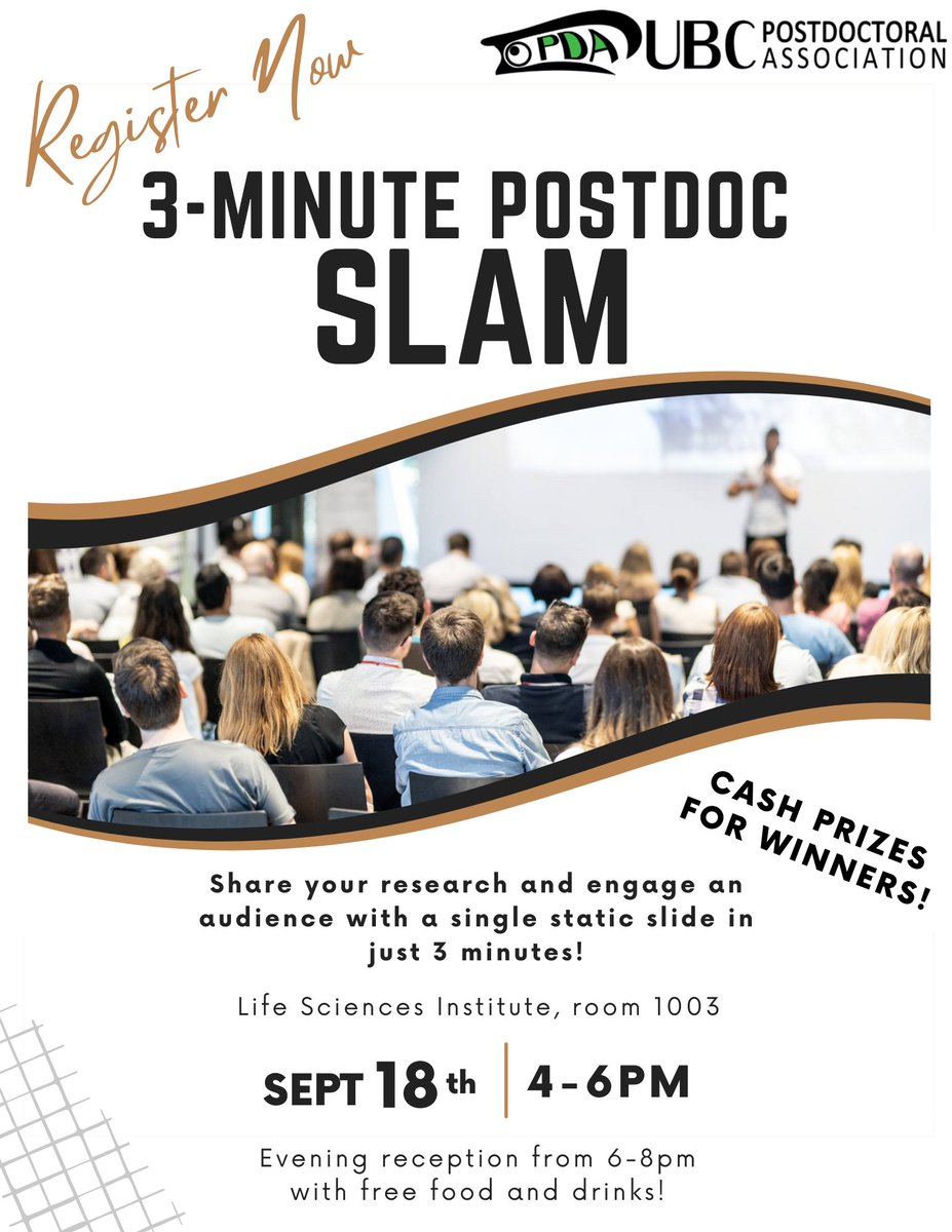 UBCPostdoc's tweet photo. Hey @UBC Postdocs 👋📢 Registration is now open for our 3-Minute Postdoc Slam event!  Check out slack or the Buzz newsletter to register and submit an abstract to present ⭐️ https://t.co/NVt871VrNU