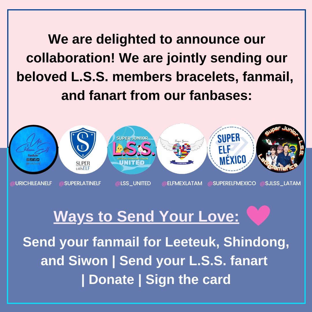 We are grateful to join with other fanbases to send our love to LSS!

@ELFMexLatam @superlatinelf @superelfmexico @urichileanelf @SJLSS_Latam 

Reach out to your fanbase or see our pinned tweet to join a project for our 5th generation subunit! ❤️