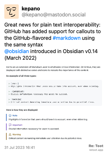 brlinuxblog's tweet photo. Notícia boa pra compatibilidade. O Github passou a oferecer o recurso de callouts (quadros de destaque) para textos editados em #markdown , e não reinventou a roda: usou a sintaxe proposta pelo Obsidian, no ano passado.
RT @kepano@mastodon.social: https://t.co/OtQoffmR5L #retoot https://t.co/TnRPh1NTjg