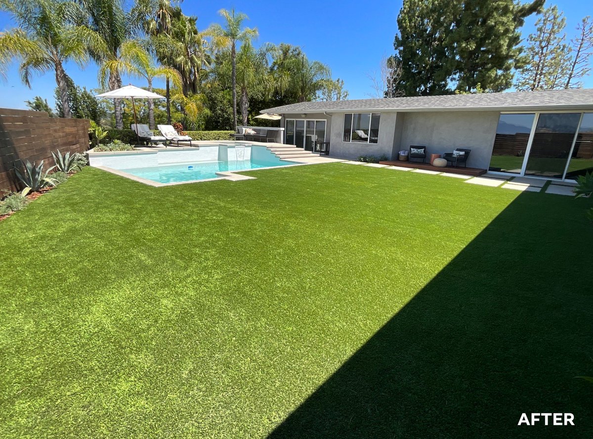 Pool modernization &amp; design tweaks for a more minimal &amp; clean presentation. The client wanted it to feel bigger &amp; replace the grass with a synthetic, pet friendly, alternative. Less is more &amp; practically maintenance free now = more time for relaxing &amp; enjoying the outdoor space!