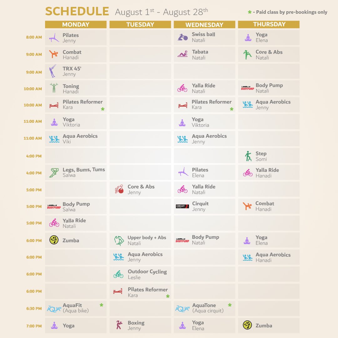 zabeel_ladies_c's tweet photo. Our August schedule is here with all your favorite classes!

نقدم إليك جدول حصصك الرياضية المفضلة لشهر أغسطس!

#zabeelladiesclub #ladiesclub #dubai #uae #july #newmonth #newgoals #august #augustschedule https://t.co/91gUi2yGV9