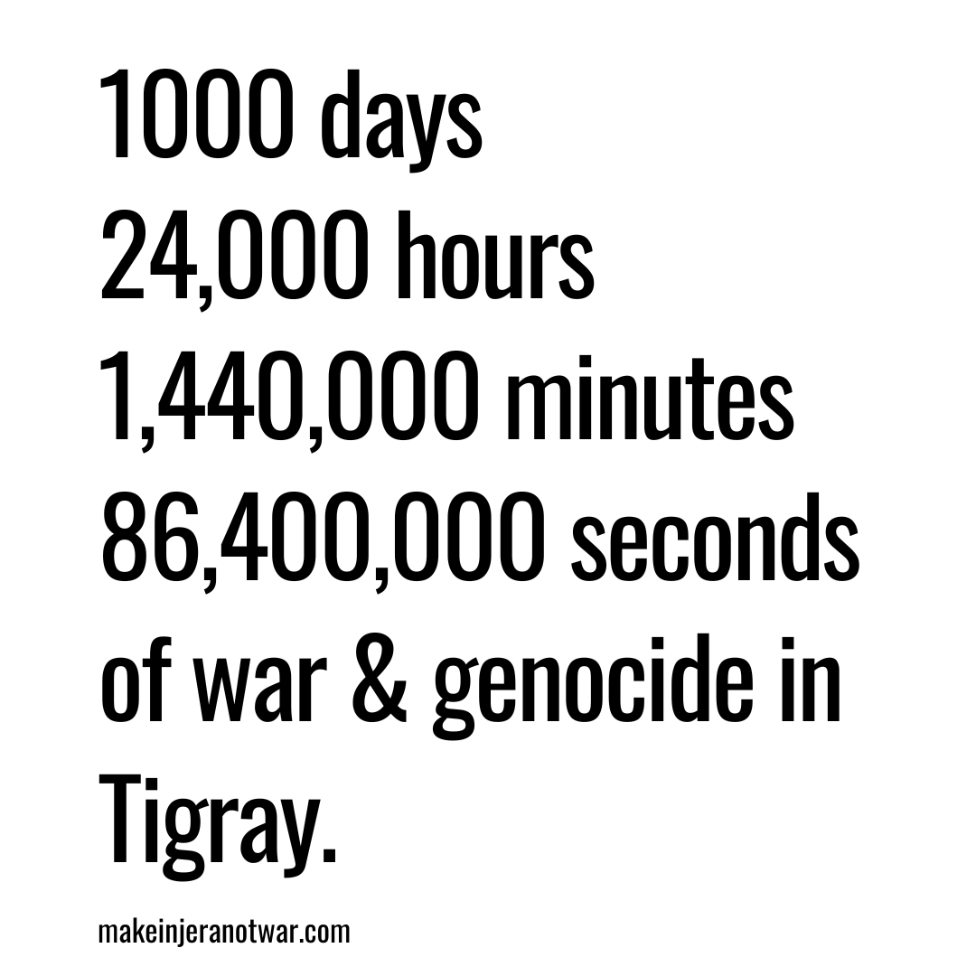 makeinjera's tweet photo. For 1000 days the people in Tigray have been coping with the following:    

+ War  
+ Siege  
+ Airstrikes 
+ Genocide   
+ Man-made famine 
+ Military occupation 
+ Rampant rape of girls and women  
+ Telecommunication and electricity blackout

#TigrayGenocide https://t.co/dlh1JGHlDg