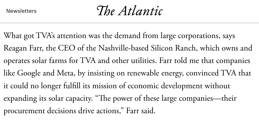 michael_terrell's tweet photo. Back when we built @Google data centers in AL and TN, we negotiated to add renewable energy to the grid to help power them. But there's more to be done to drive clean energy in the region. Terrific deep dive on TVA in @TheAtlantic by @rkunzig https://t.co/CFRjHIbD1M https://t.co/yeJv6J9APu