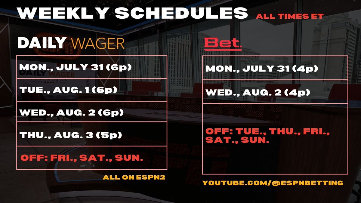 Daily Wager & Bet weekly schedules. A few notes: 🗒️ @GregMcElroy & @HermEdwards (special guests on Aug. 1) 🗒️ Herm (special guest on Aug. 2) 🗒️ @LRiddickESPN (special guest on Aug. 3)