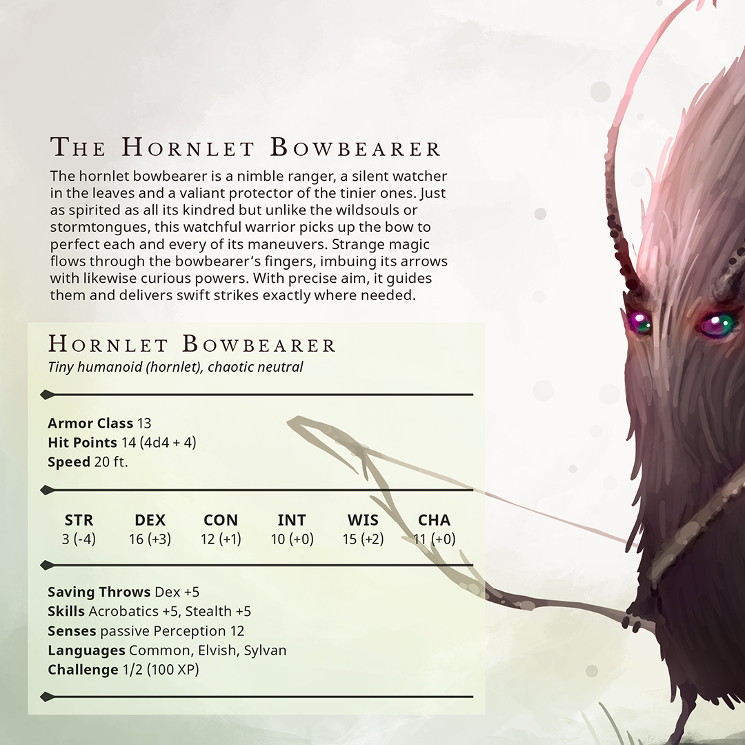fluffy_folio's tweet photo. The Hornlet Bowbearer – Tiny humanoid, chaotic neutral

Just as spirited as all its kindred but unlike the wildsouls or stormtongues, this watchful warrior picks up the bow to perfect each and every of its maneuvers. #dnd #ttrpg https://t.co/rXEjHfImjl