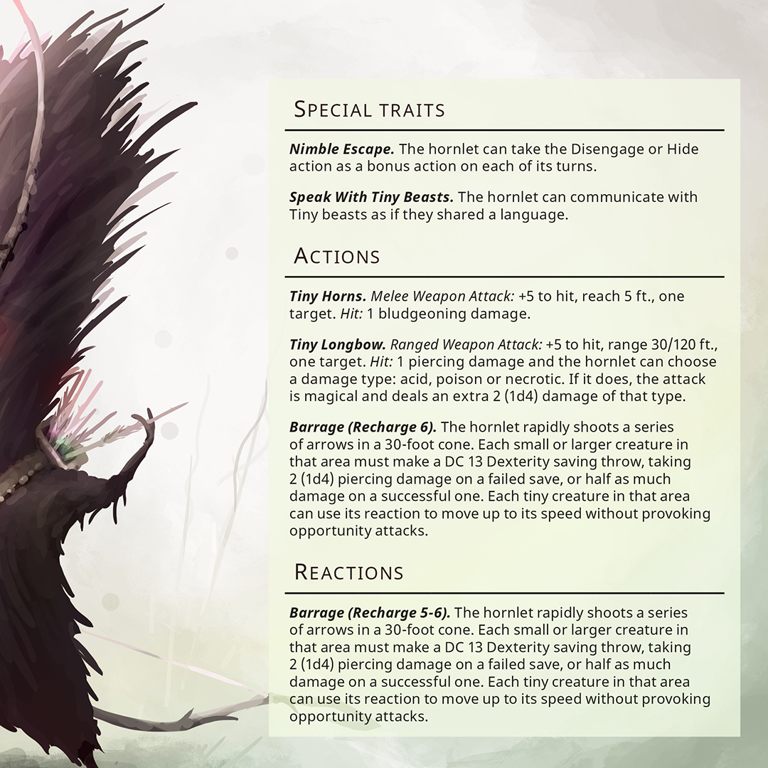 fluffy_folio's tweet photo. The Hornlet Bowbearer – Tiny humanoid, chaotic neutral

Just as spirited as all its kindred but unlike the wildsouls or stormtongues, this watchful warrior picks up the bow to perfect each and every of its maneuvers. #dnd #ttrpg https://t.co/rXEjHfImjl