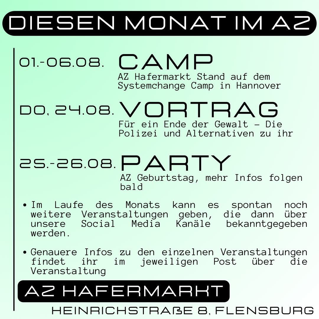 AZHafermarkt's tweet photo. Unsere Veranstaltungen im August 💖! 

Haltet euch unbedingt schonmal das Wochenende vom 25. und 26. August frei, dann feiern wir unseren einjährigen Geburtstag 🎉. 
Mehr Infos dazu folgen ganz bald. https://t.co/fMIbaQkf2k