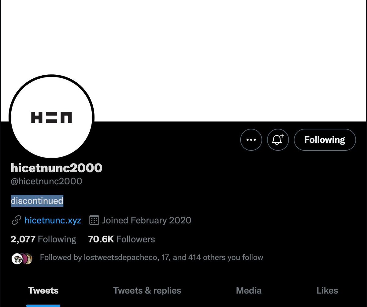 16/ On November 11th, 2021, @hicetnunc2000 changed its Twitter profile description to 'discontinued.' Rafael was not reachable for comment. Twitter was flooded with tweets mourning H=N’s unexpected demise.
